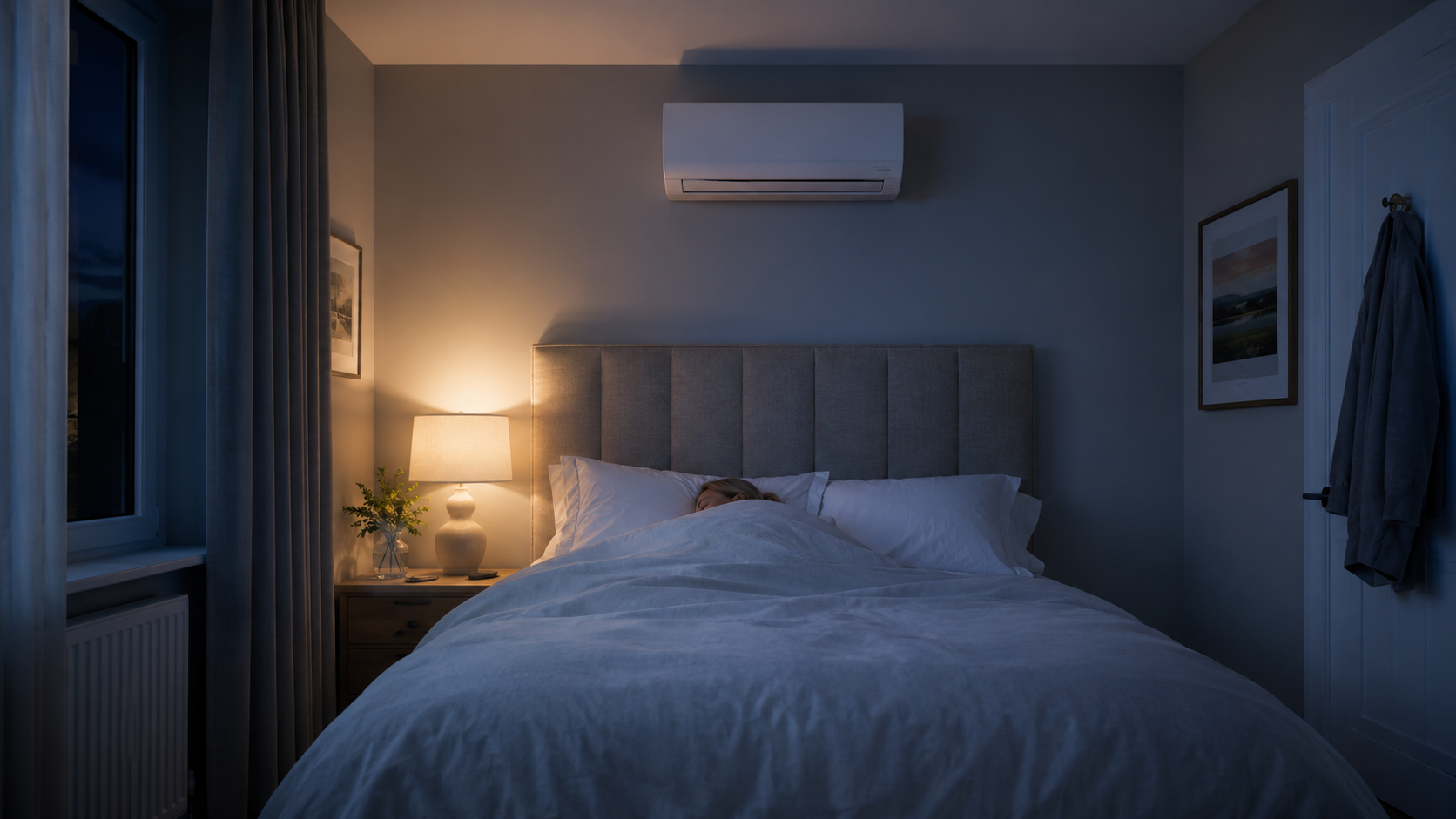 UK bedroom at night with a quiet wall-mounted air conditioning unit