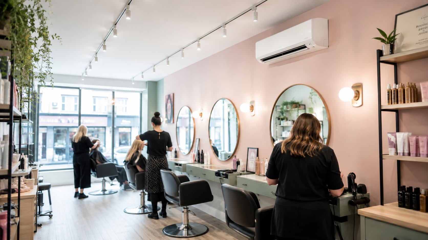 UK hair salon with a wall-mounted air conditioning unit