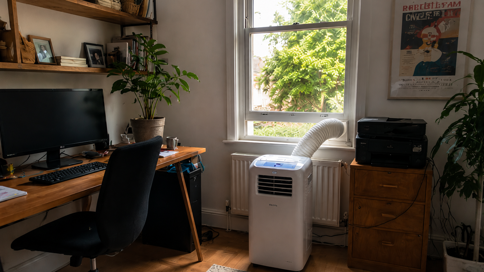 Portable air conditioning unit in a UK home office during a heatwave