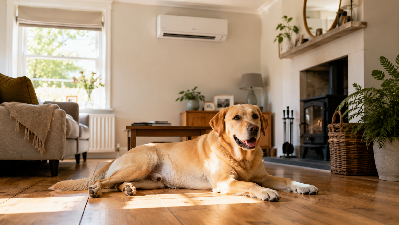 Labrador relaxing in a UK family living room cooled by air conditioning