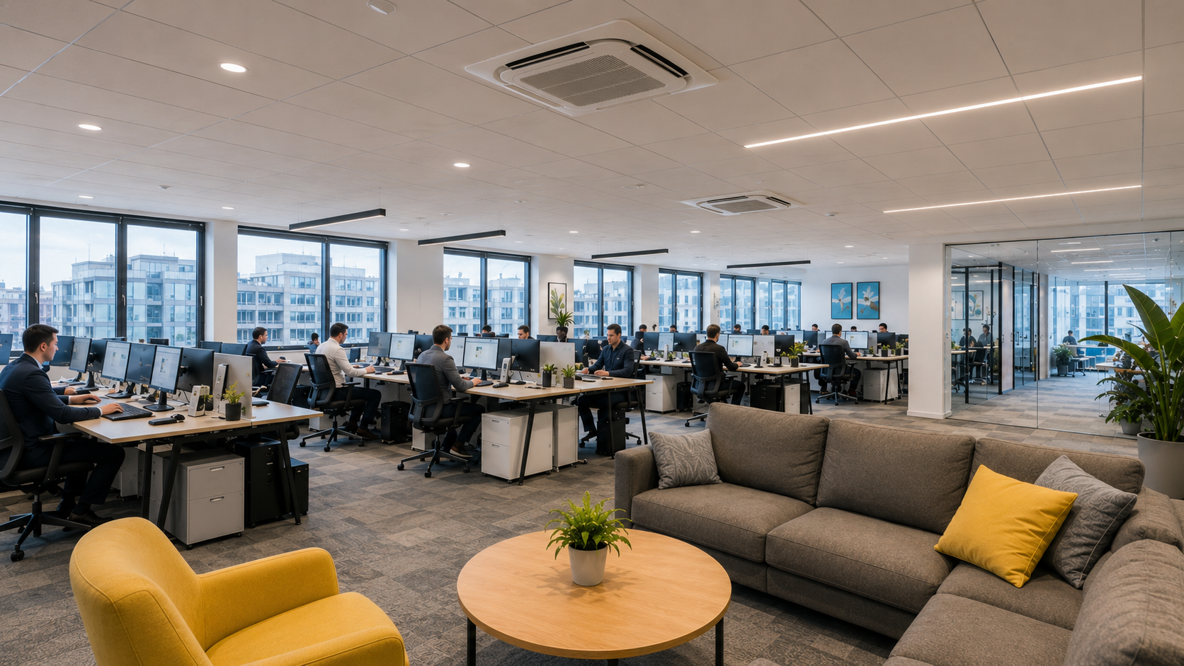 Modern office with a ceiling cassette air conditioning unit